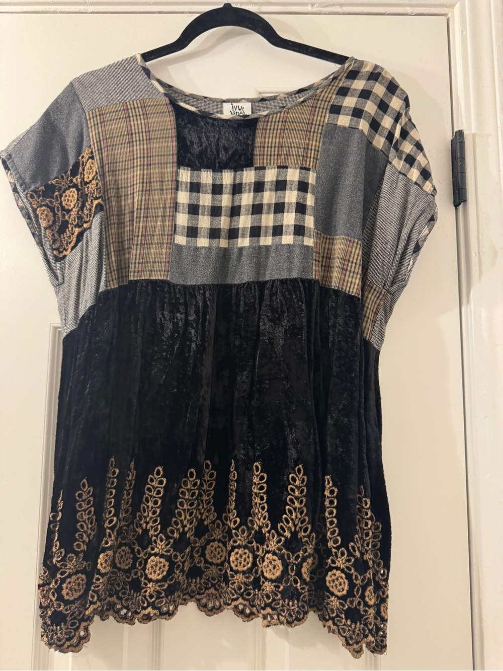 Boho Patchwork Black Velvet Top with Gold Embroidery- Ivy Jane - Picture 3 of 3